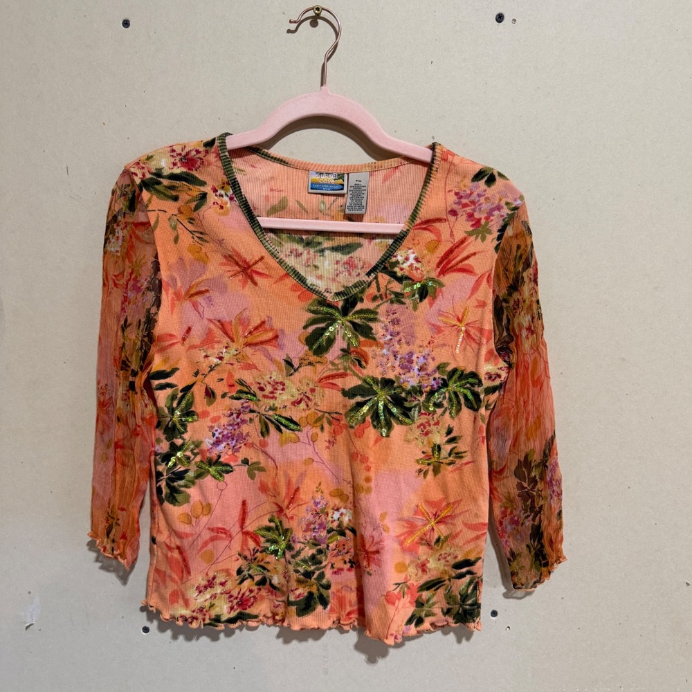 Sunset Cove Y2K Tropical Embellished Floral Top Sheer Mesh Sleeve Orange PM